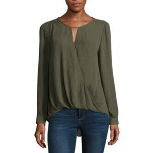 EUC a.n.a Green Long Sleeve Wrap Front Top w/ High-Low Hem - Size S
